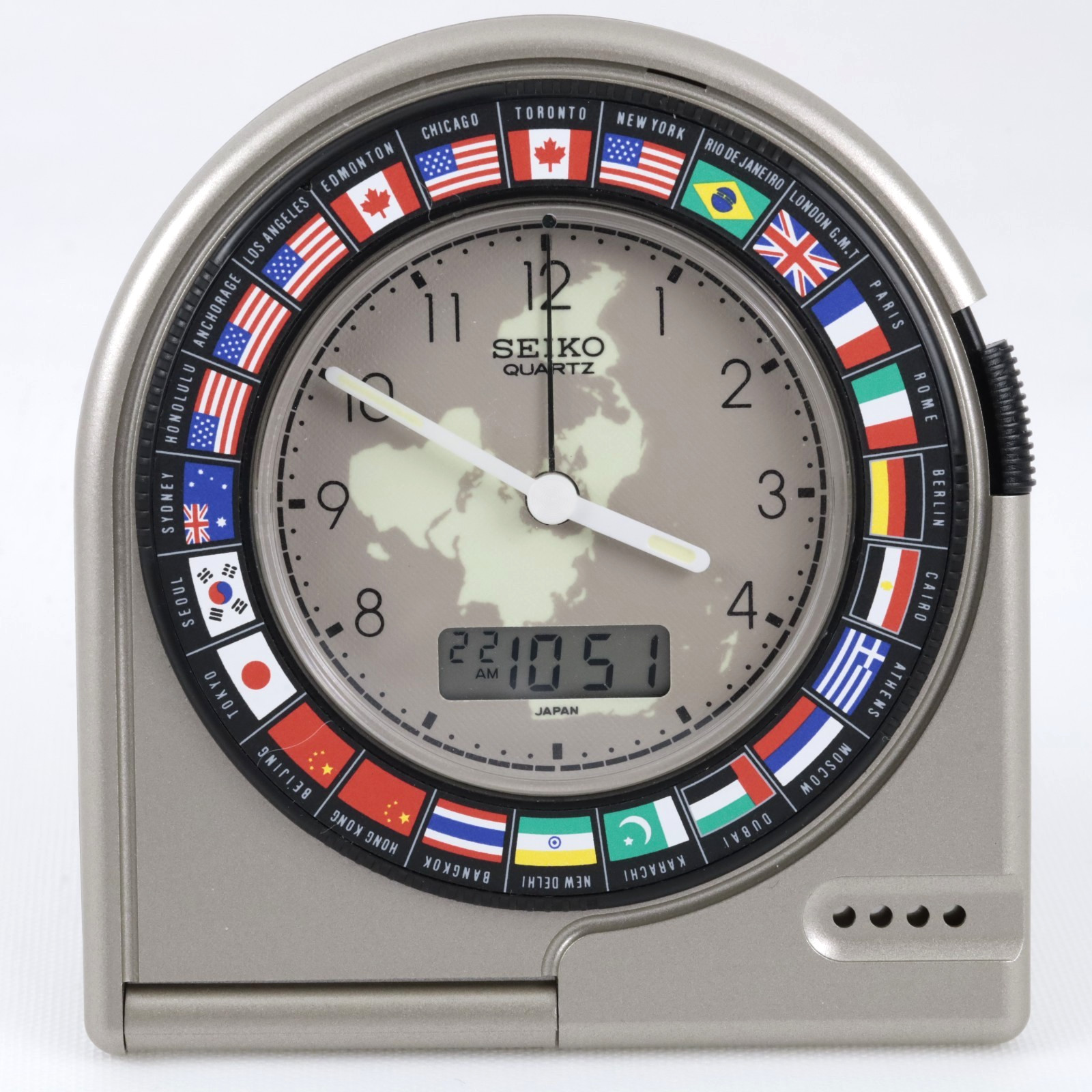 SEIKO QU907F Quartz World Time Alarm Clock w/ Digital World Time & Flag Bezel