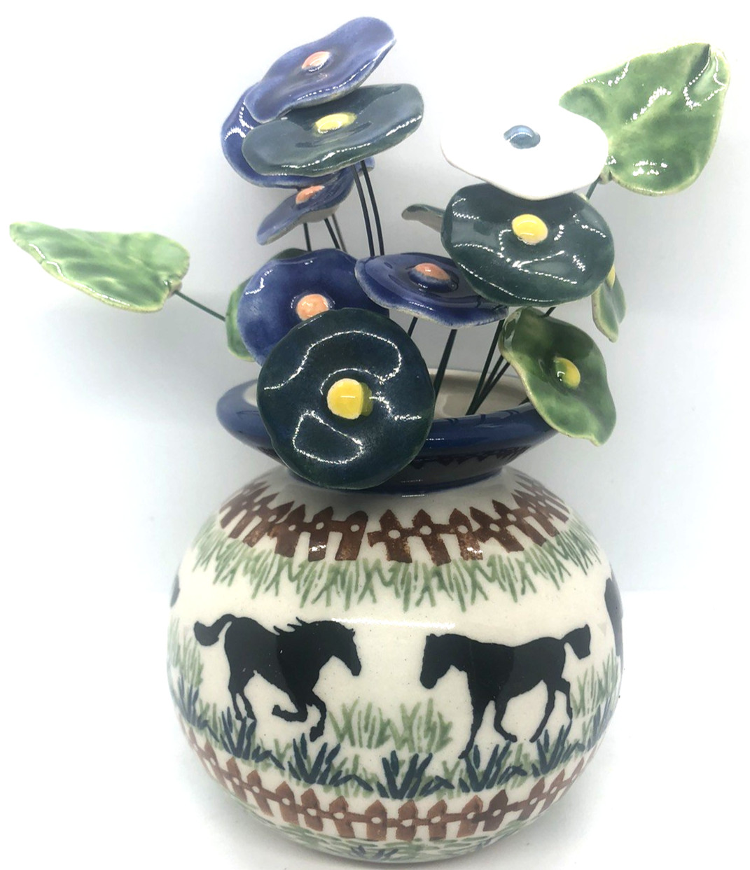 Polish Pottery Round Vase Horsing Around Horses 15 Ceramic Flowers 2 Leaves