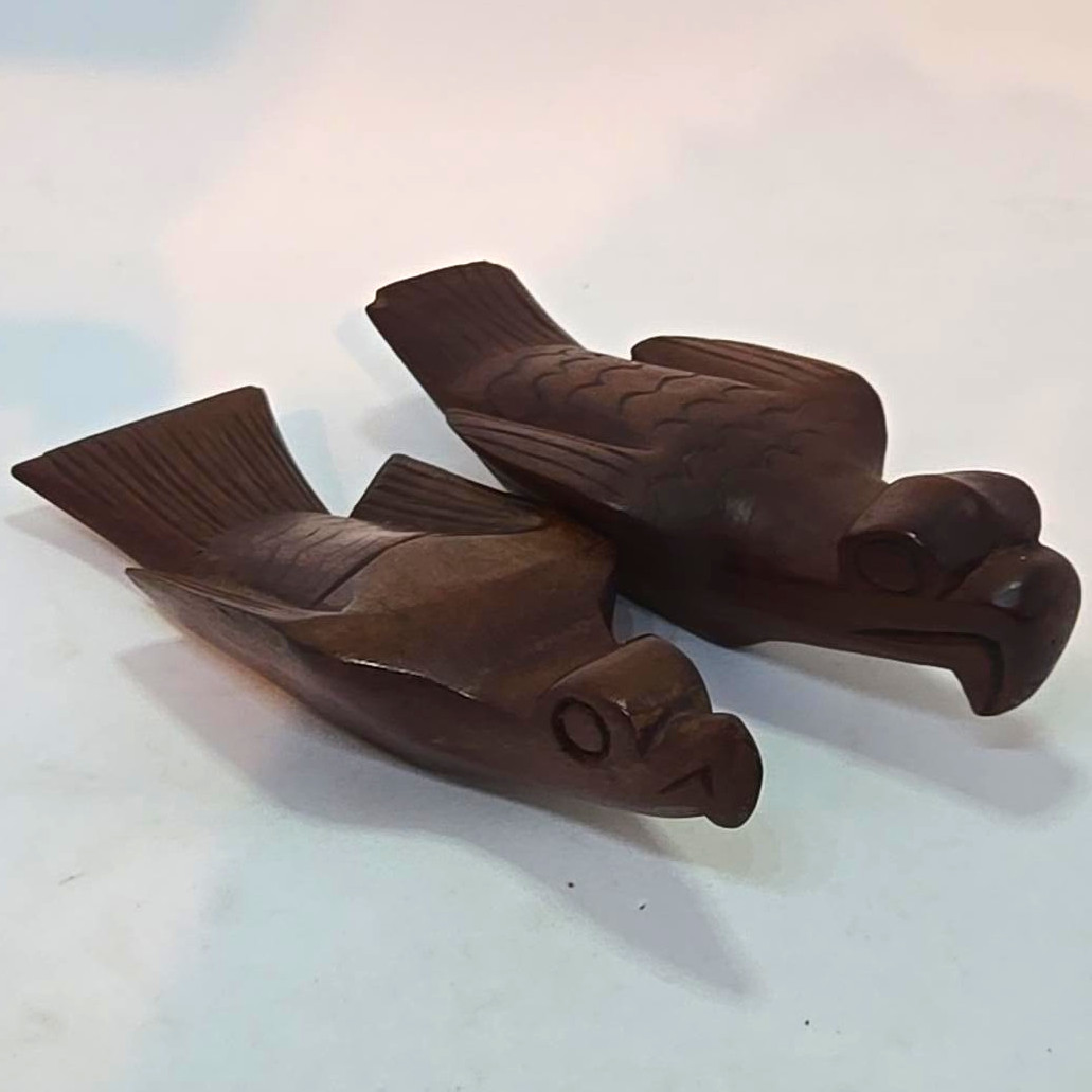Vintage Hand Carved Folk Art Wood Bird Figurines Brown Natural Finish, Pair of 2