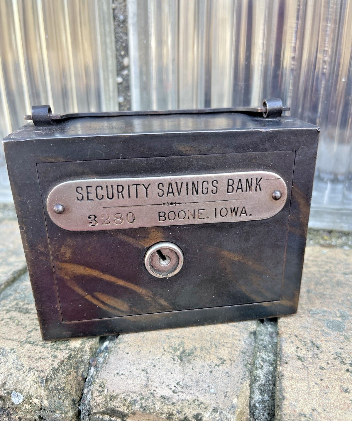 Vintage 1900 Boone IA Japan Flash Strong Box Still Bank Faux Copper WF Burns W