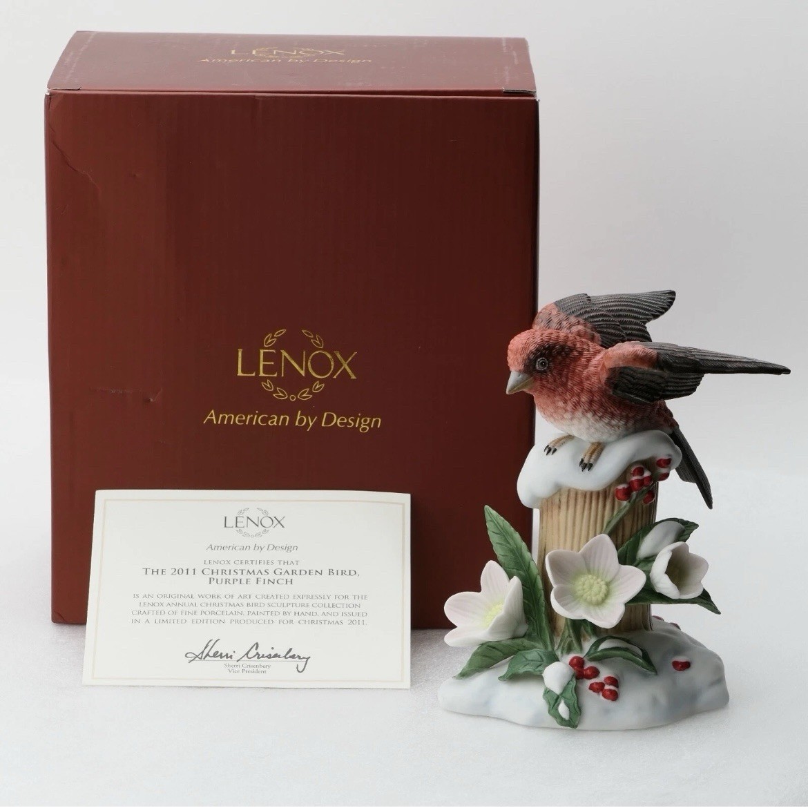 Lenox 2011 CHRISTMAS PURPLE FINCH Porcelain Garden Bird Figurine - Box & COA