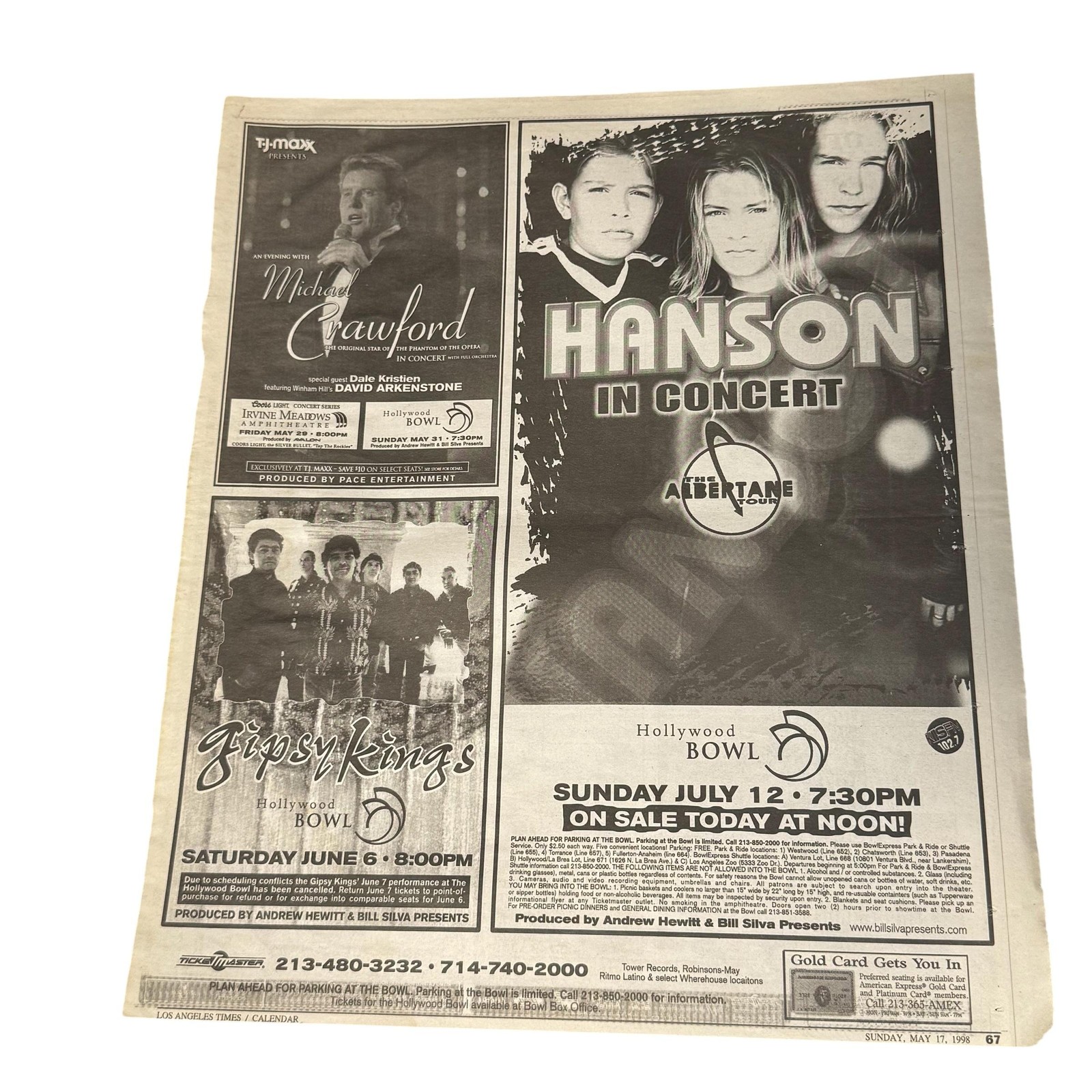 Vintage 1998 Hanson Hollywood Bowl Albertane Tour Newspaper Ad LA Times USA