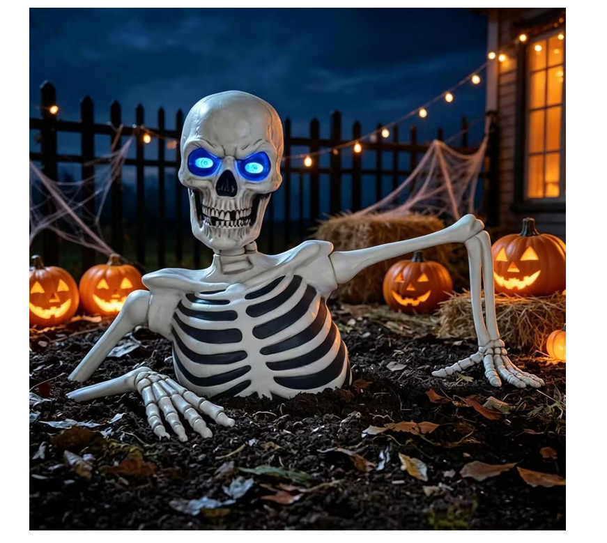Halloween Ground Breaking Skeleton LED Eyes Poseable Arms Stakes Yard Graveyard 
