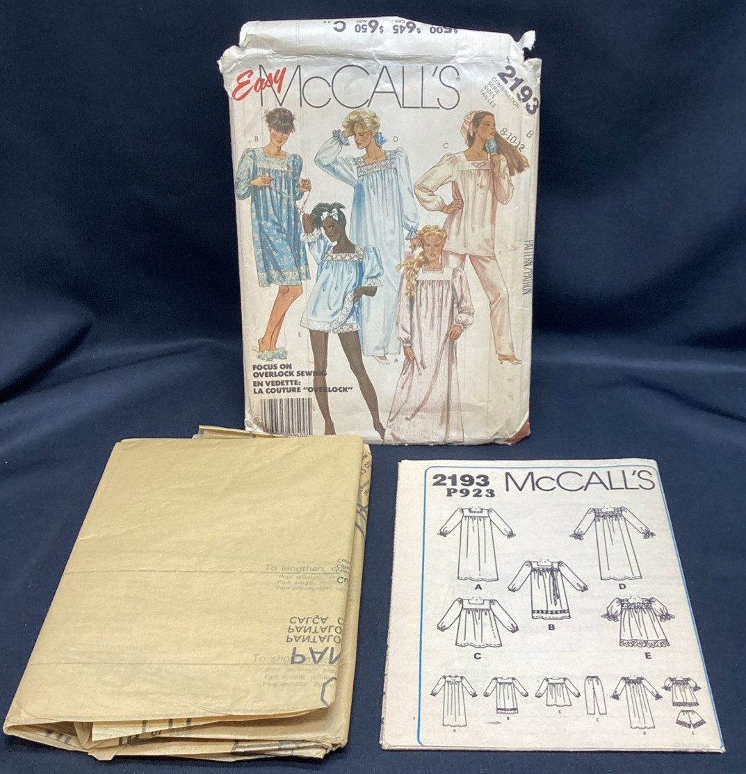 Vtg Sewing Pattern, McCalls 2193, Nightgown Jamies, 8-12, Uncut - ships free