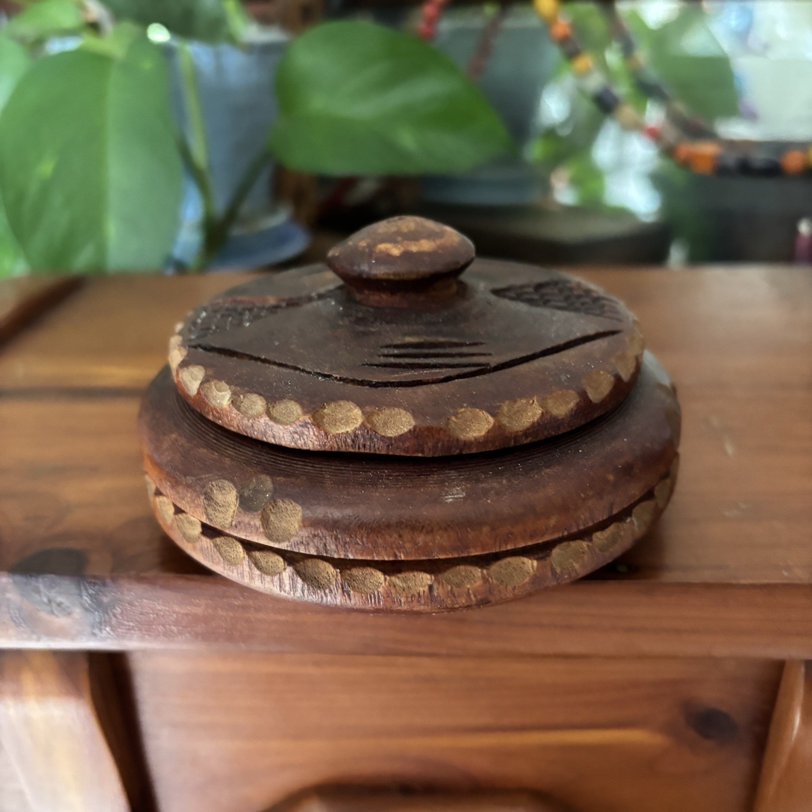 Vintage Hand Carved Wooden Trinket Box W/Lid Round Rustic Folk Art Tramp Art Jar