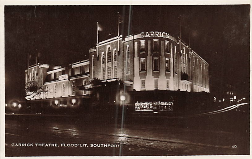 Postcard England: RPPC Garrick Theatre Flood-Lit Night View, Southport