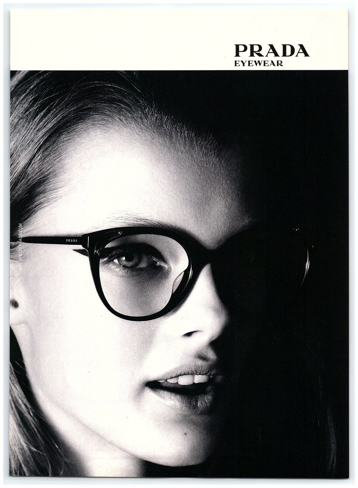 2018 Prada Eyewear Print Ad, Gorgeous Model Dark Frames Metal Screws Lips B&W