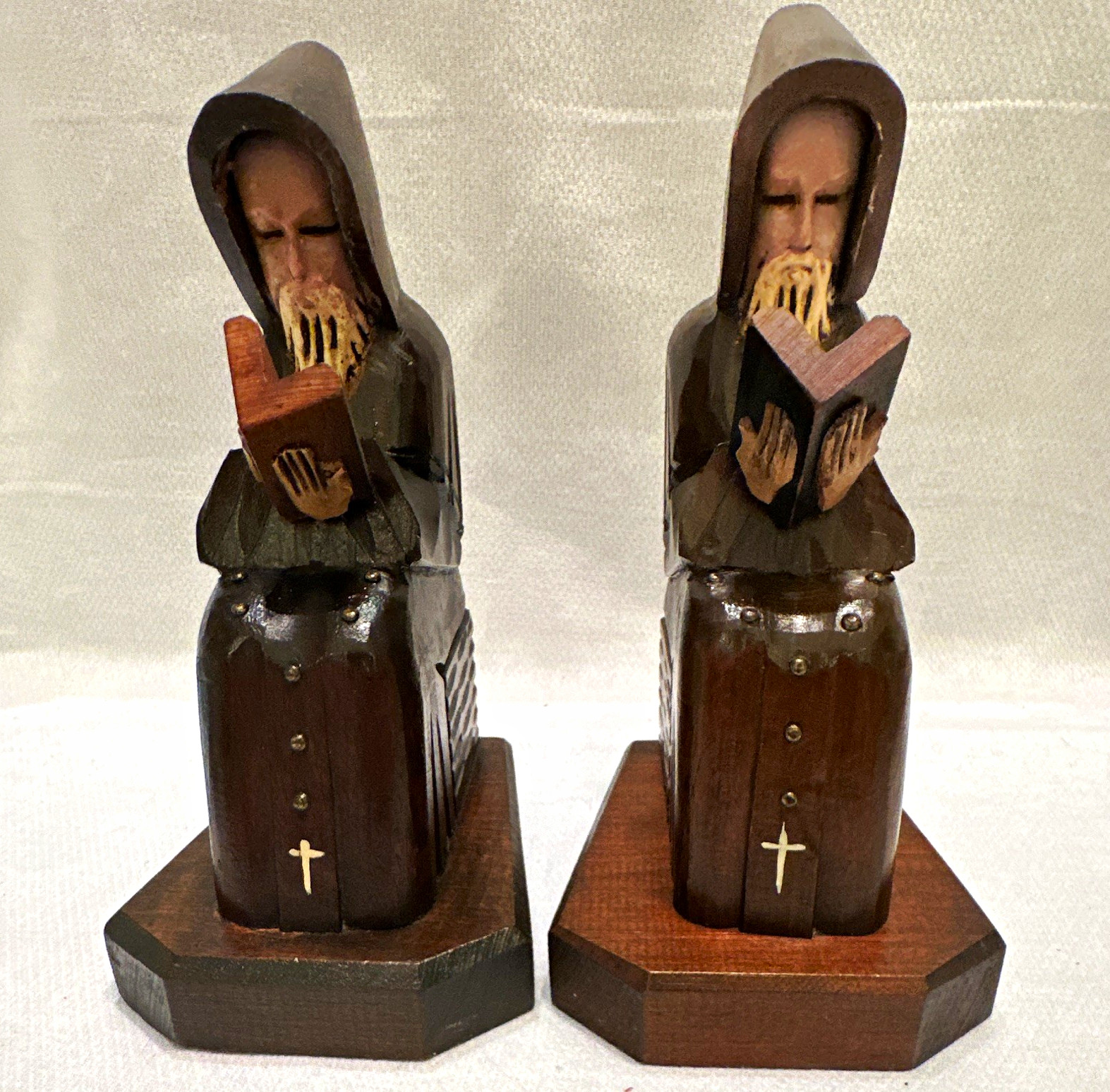 Vintage Mid Century Hand Carved Wood Monk Bookends Friar Priest Mexico Folk Art