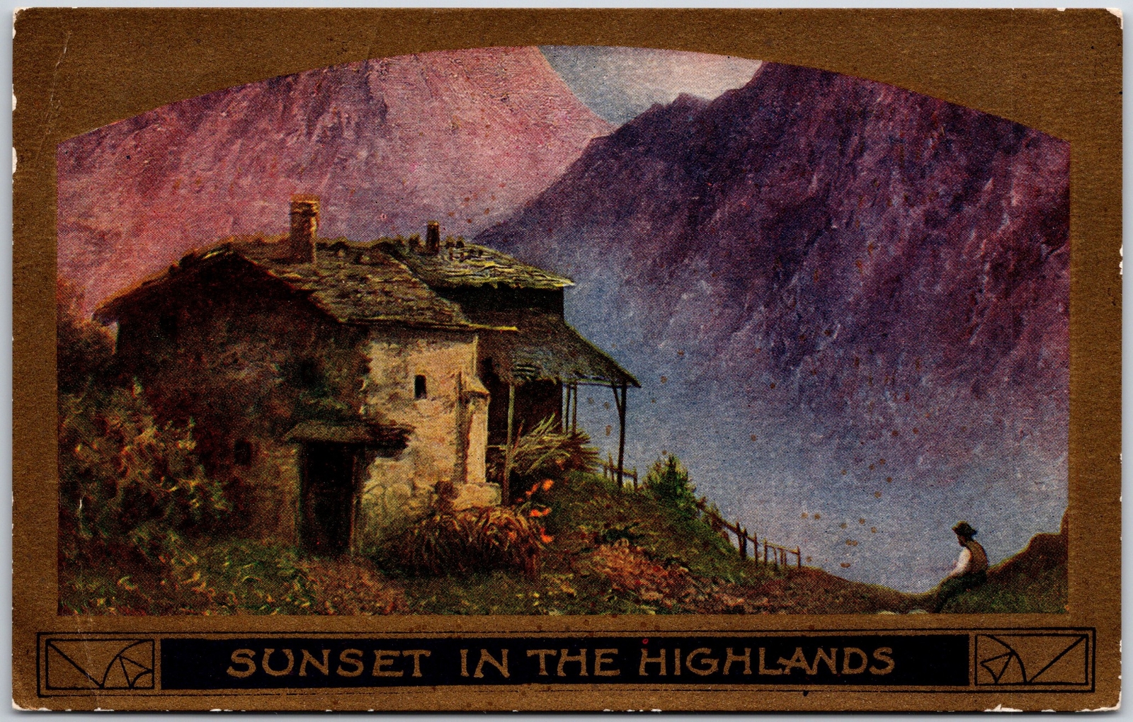 1909 Sunset In The Highlands House Mountain Hand Colored Posted Postcard