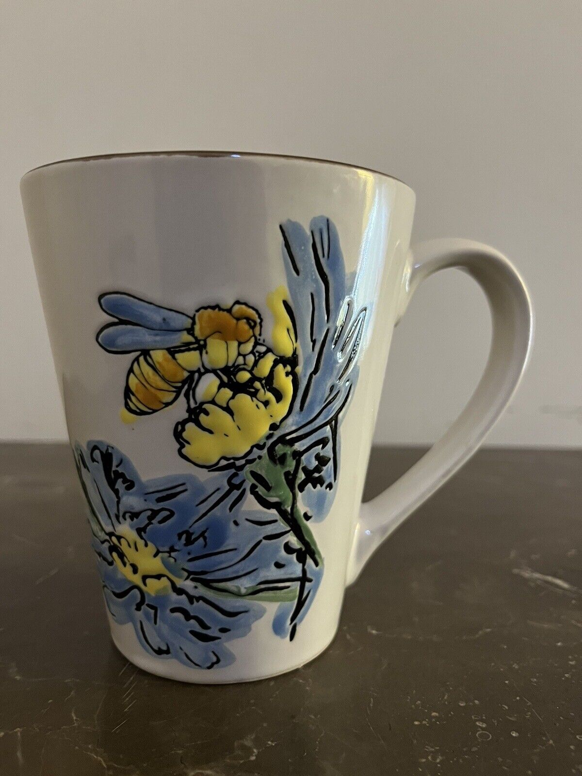SPECTRUM DESIGN Blue  Floral With Orange Bee ,Blue Inside Coffee,Tea, Cocoa Mug