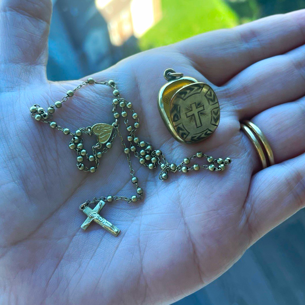 Rare Antique 100 Yrs Old Signed Bliss Brothers Mini Seed Rosary & Cross Locket