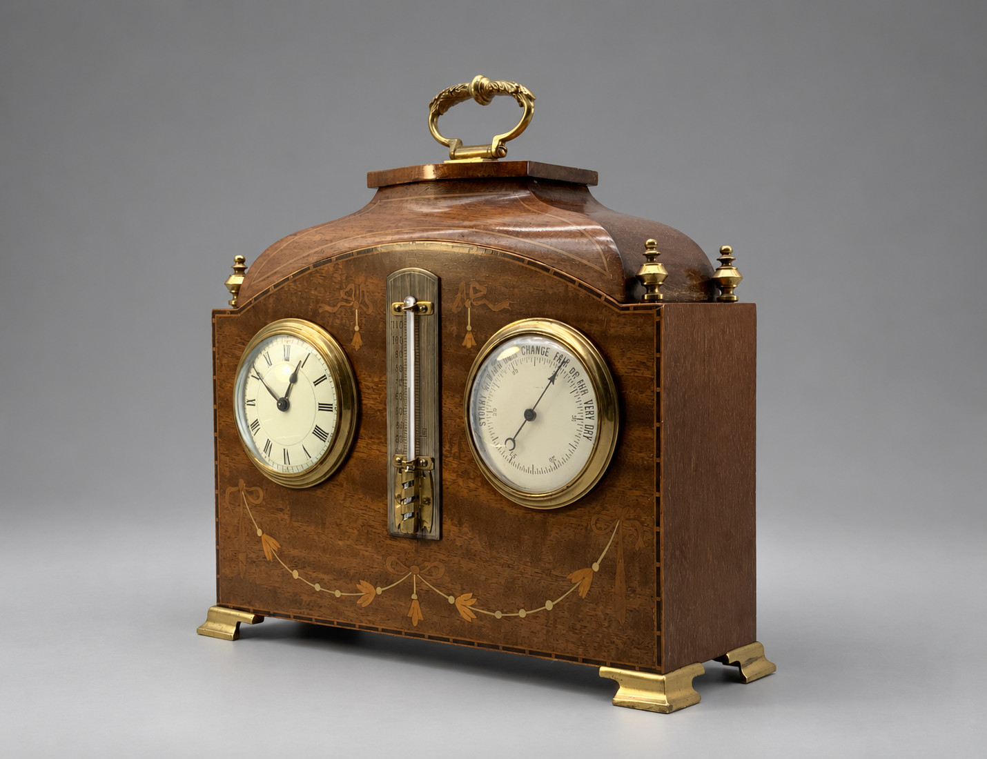 Superb Edwardian Mahogany Marquetry Inlaid Clock, Barometer & Thermometer c.1905