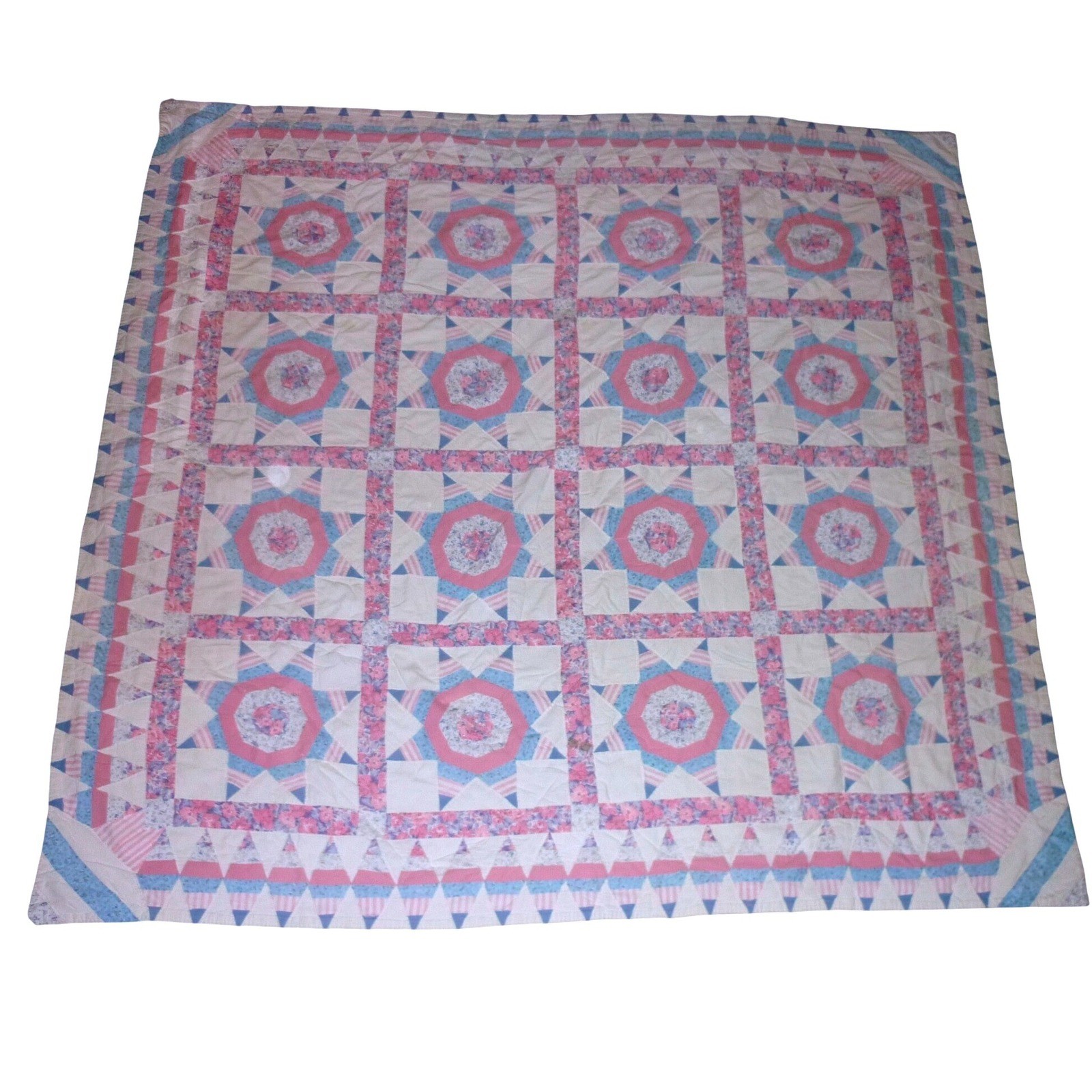 Vtg Arch Quilts Elmsford NY Patchwork Quilt 80x80 Pastel Star Sawtooth Border