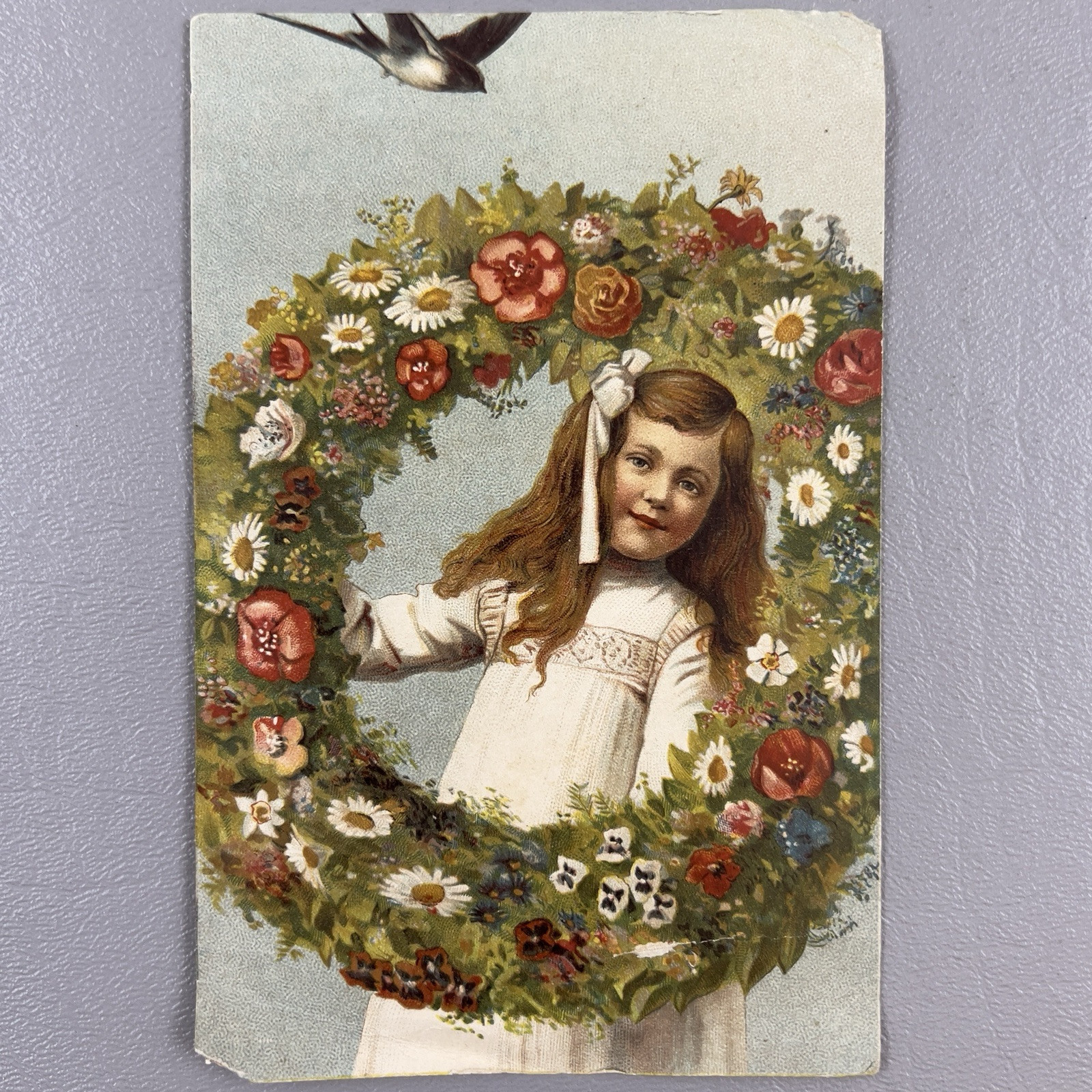Antique Postcard Little Girl With Floral Wreath Unposted