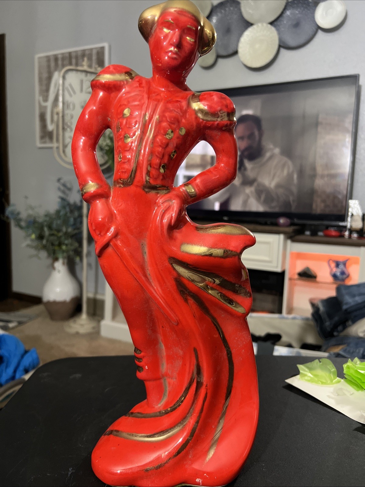 Vintage  Ceramic Bull Fighter Matador Red Gold 16” Tall 6” Wide