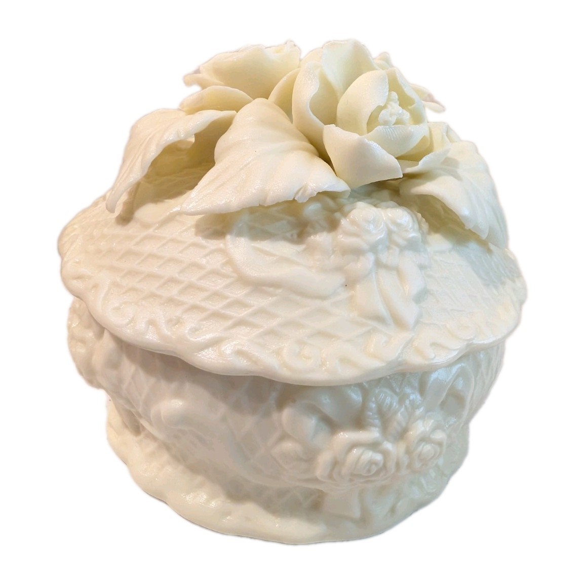 Vintage White Bisque Porcelain Round Trinket Jewelry Box 3D Roses Floral Basket