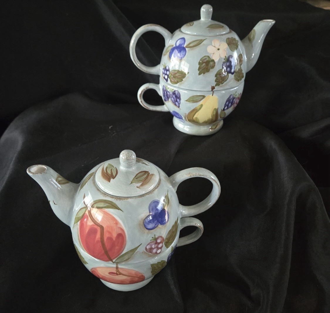 Two Vintage MESA INTERNATIONAL Blue Fruit Teapot for One Cups & Pots with Lids