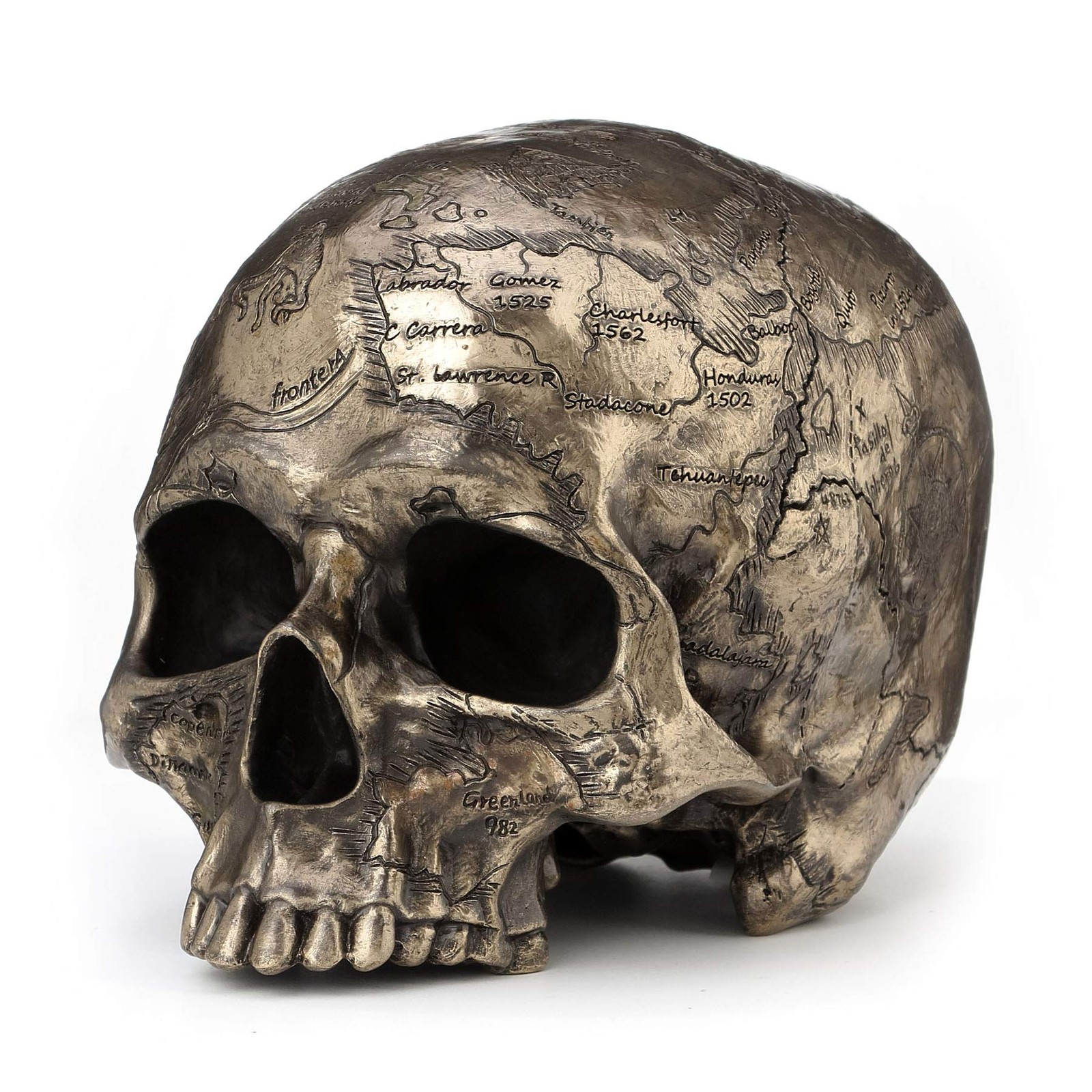 Veronese Design  Finish Craniumography Old Treasure Map On Skull Statue - Bronze