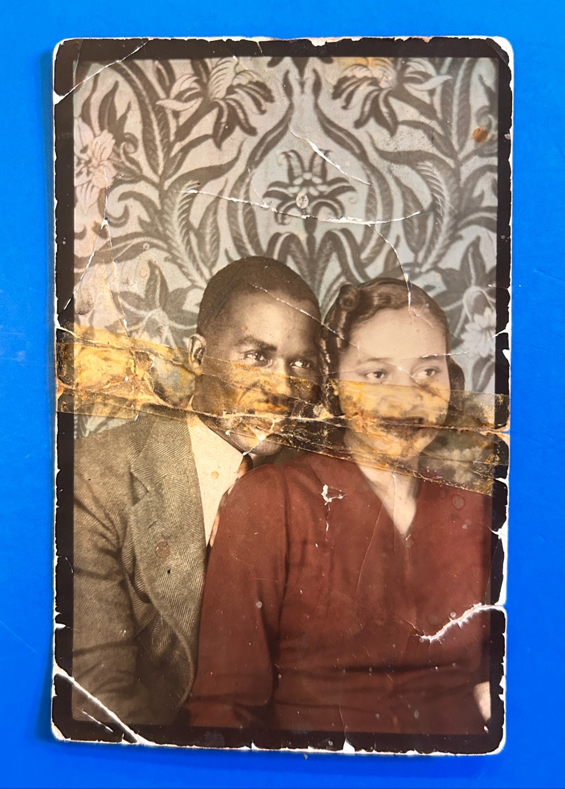 1940s African American Couple Hand Tinted Portrait Photo Black Americana