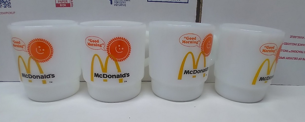 4 VINTAGE WHITE McDONALD'S ANCHOR HOCKING 'GOOD MORNING' COFFEE CUPS  / MUGS