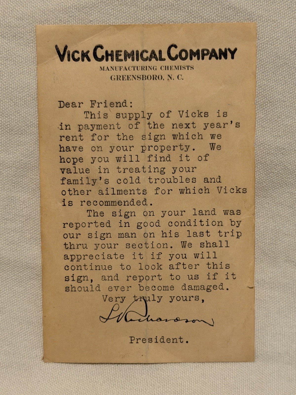 Antique Vick Chemical Company Greensboro Letterhead Rent/Advertising Agreement
