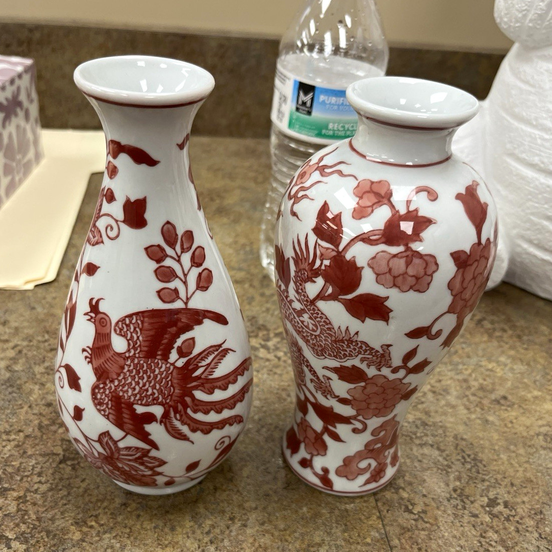 Pair Red & White Chinese Porcelain Vases, Floral & Bird Design Pair Red & White Chinese Porcelain Vases, Floral & Bird Design