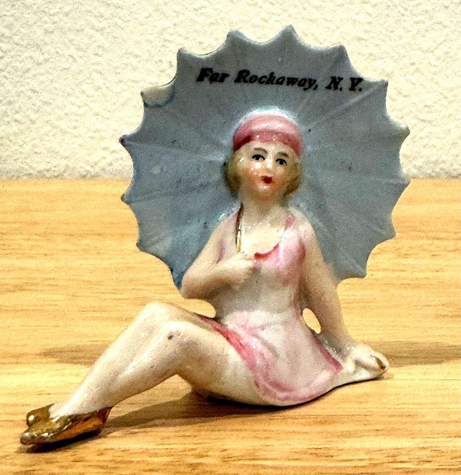 Antique German Flapper Girl Bathing Beauty Parasol Rockaway NY Souvenir Figurine