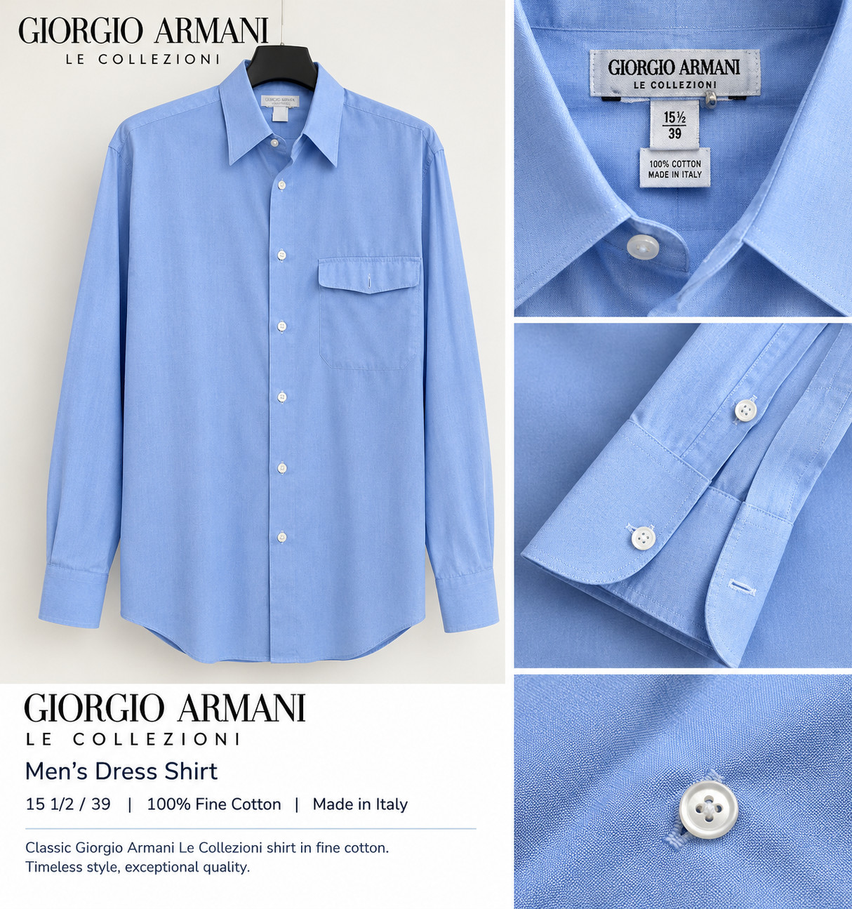 Giorgio Armani Le Collezioni Mens Blue Cotton Button Down Shirt Italy 15.5/39, L