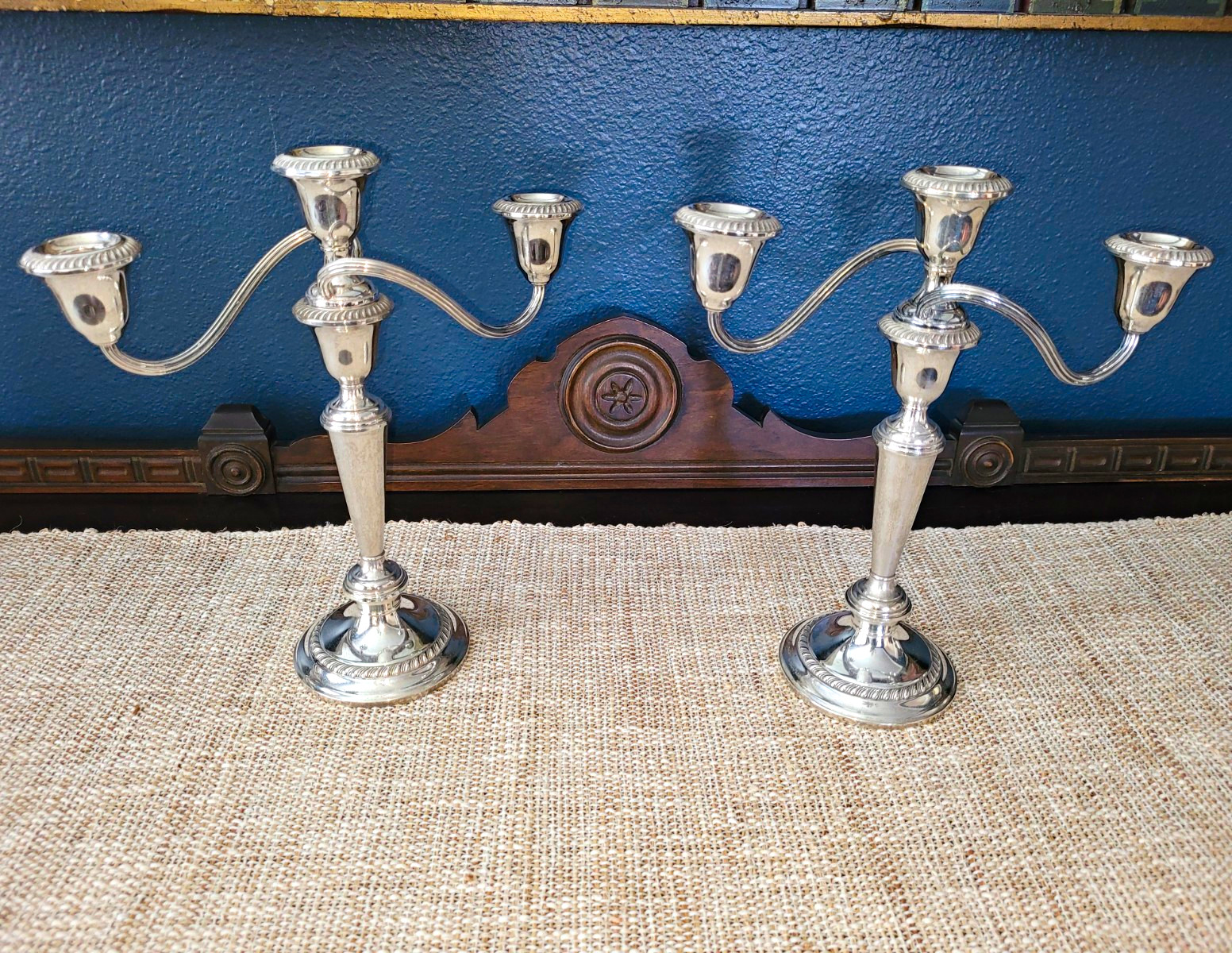 2 Gorham Vintage Silverplated 3-Arm Candle Holders, Convertible