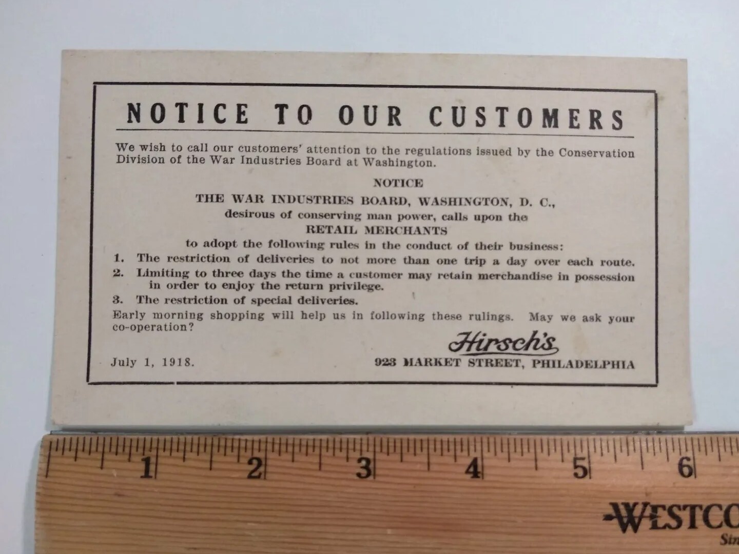 WWI Ephemera 1918 War Industries Board Shopping Notice Hirsch\'s Philadelphia PA