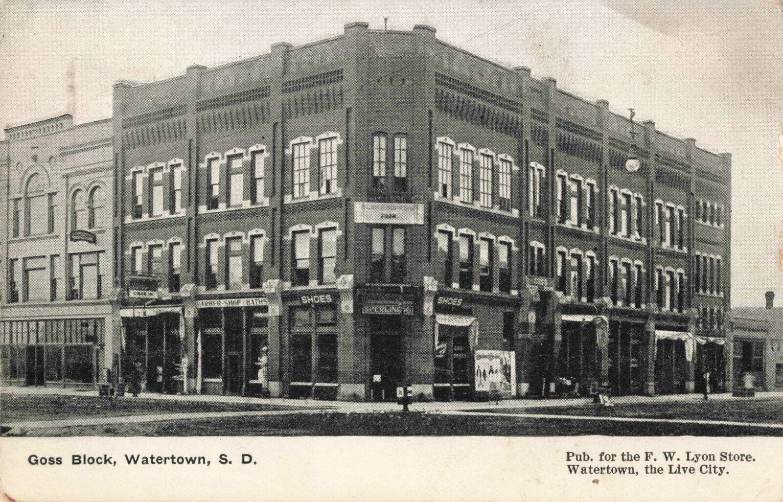 Goss Block Watertown South Dakota SD Street Scene Barber Shop c1910 Postcard