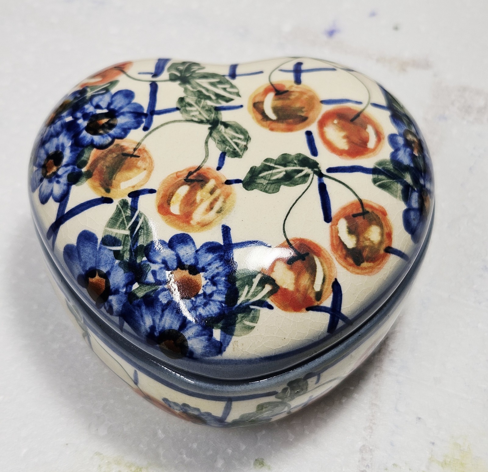 Boleslawiec Pottery Heart Trinket Box Unikat Cherry Floral Vanity Dish Poland