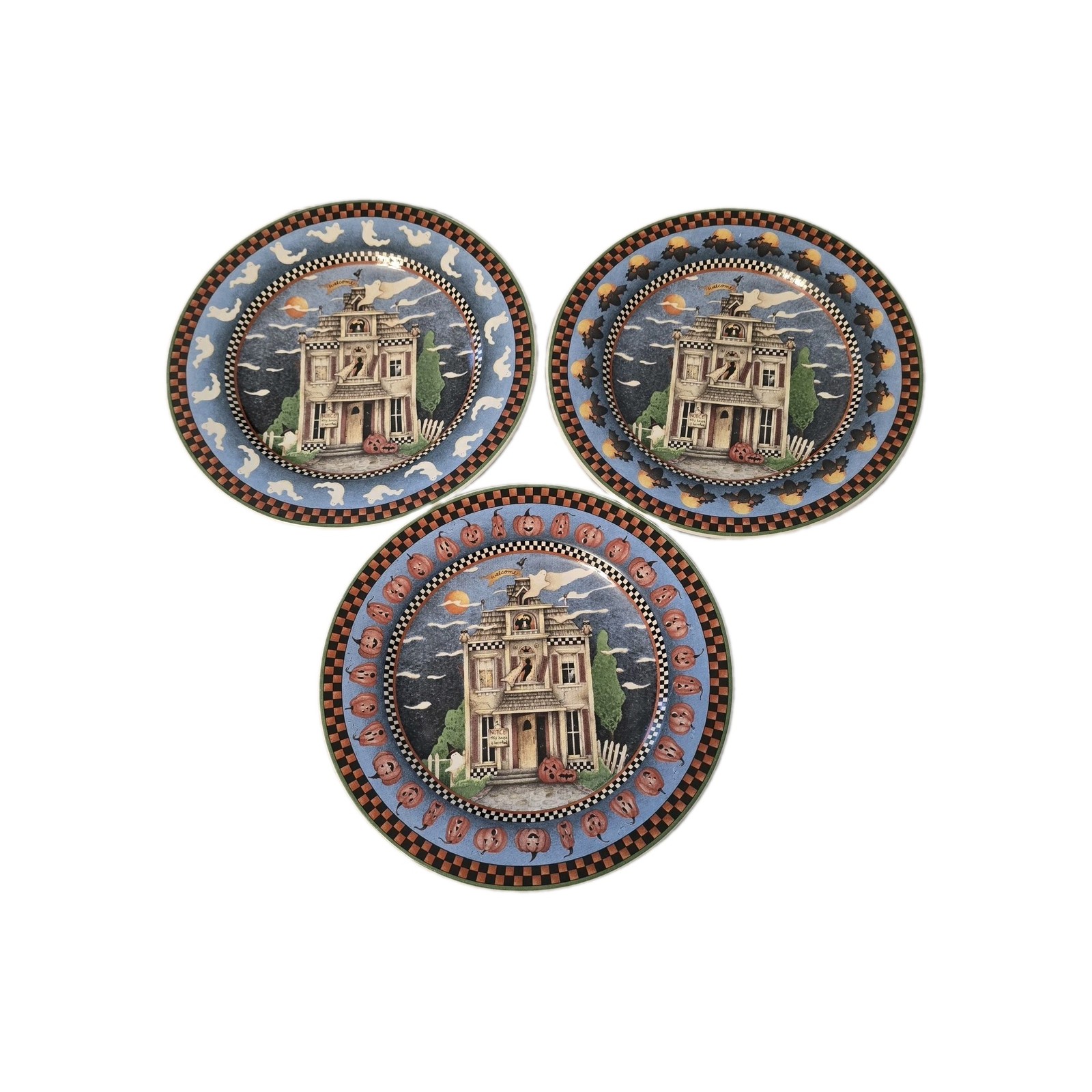 3 Vtg 2000 Sakura Stoneware Debbie Mumm Haunted House Halloween Salad Plates 
