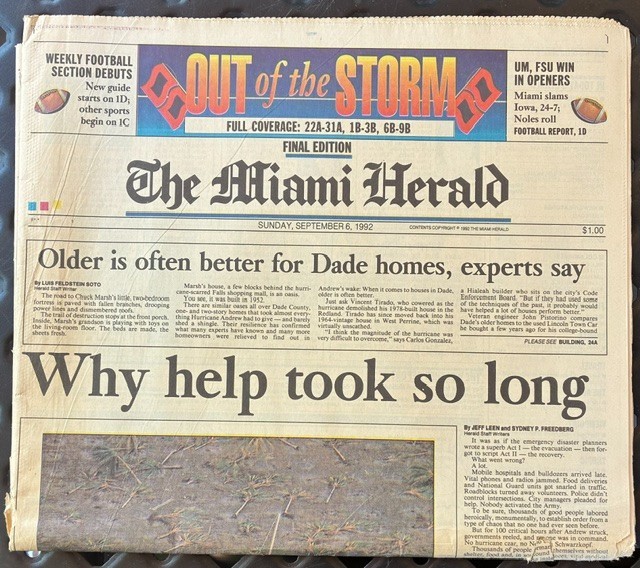 HURRICANE ANDREW SPECIAL- OUT OF THE STORM-MIAMI HERALD NEWSPAPER -1992