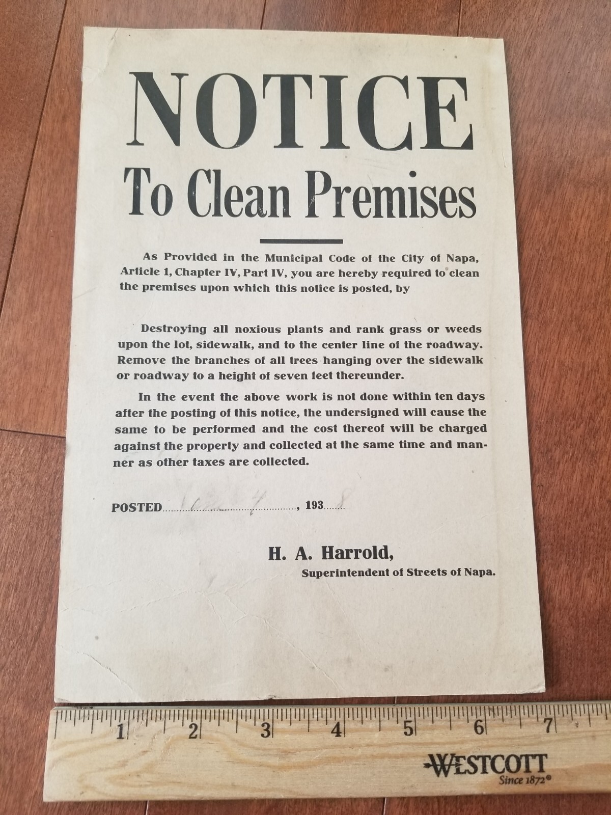 1938 City of Napa California Notice to Clean Premises Citation Sign