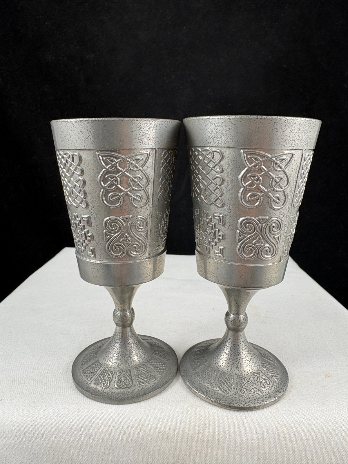 Vintage Mullingar Pewter Bealin Goblets Pair Ireland Celtic Owl Metalware