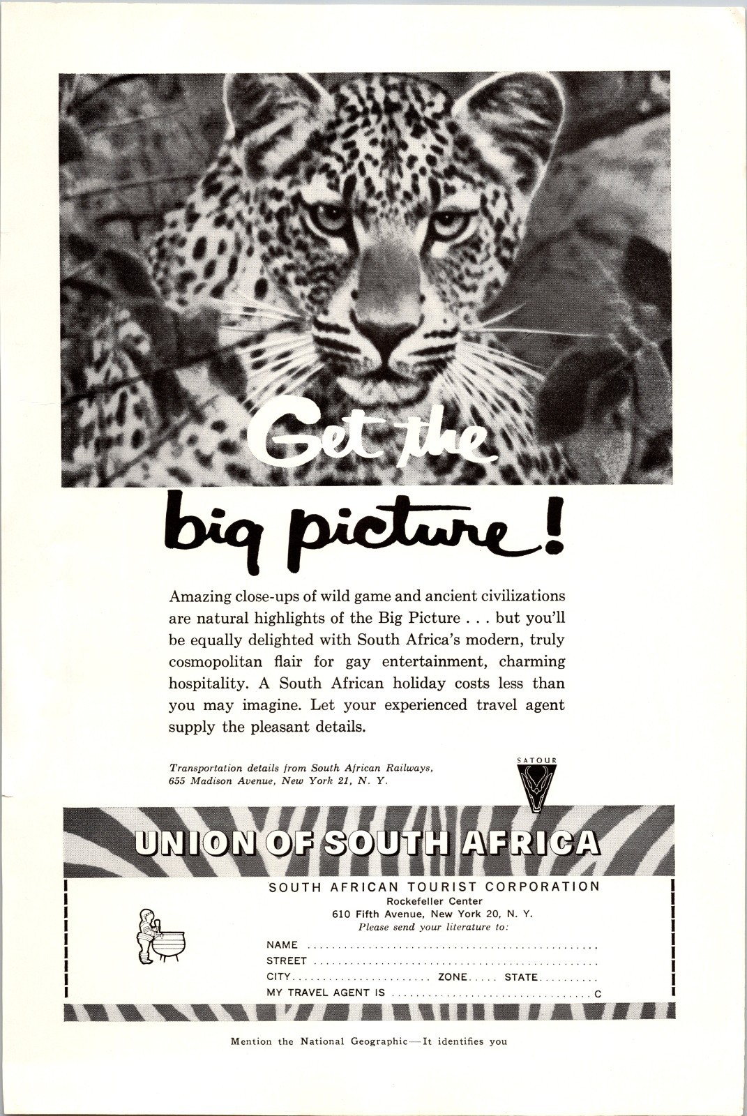South African Tourist Corporation Union of South Africa wildlife print ad