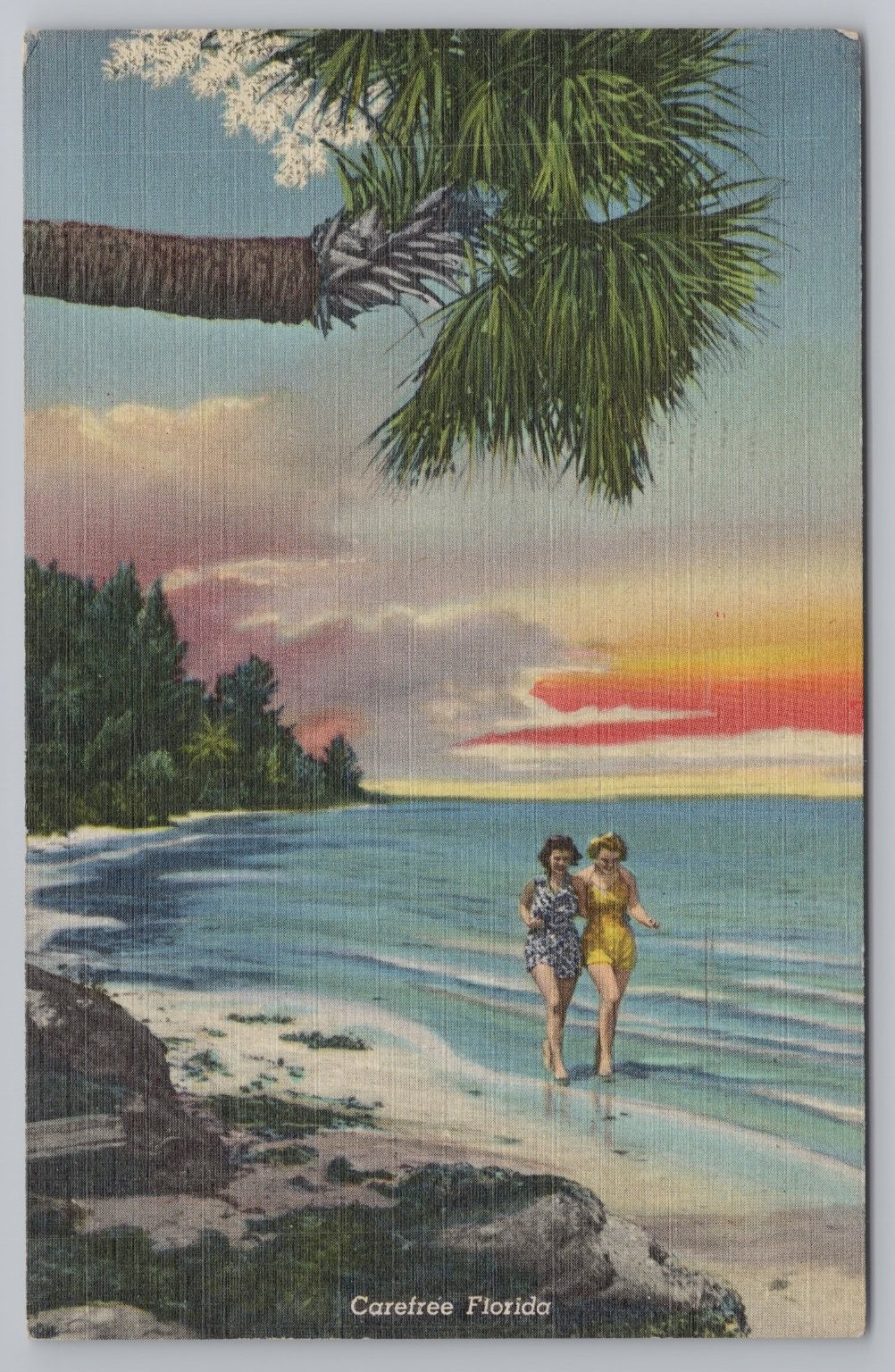 Carefree Florida Postcard 1946 Beach Two Women Sunset Linen