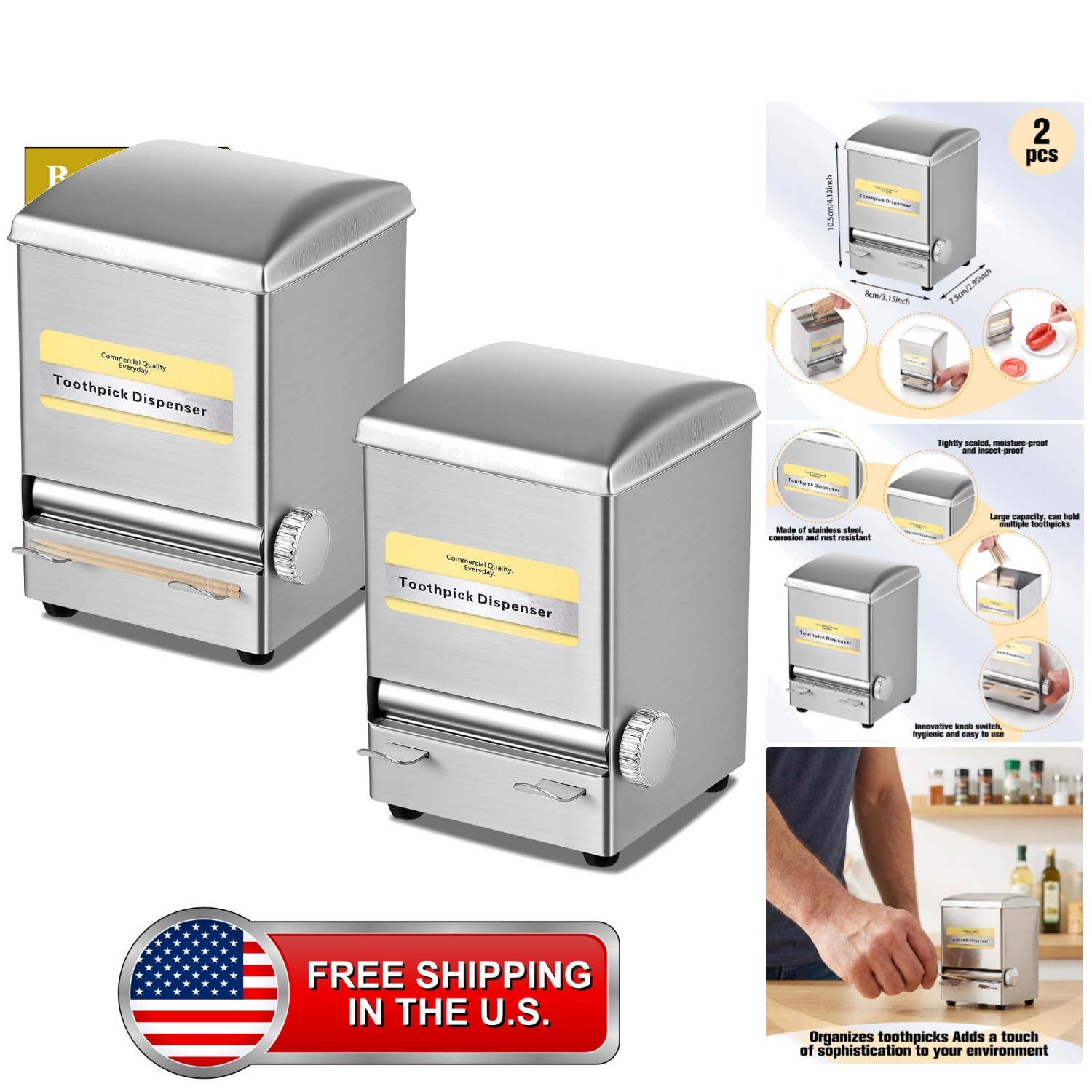 2 Pcs Toothpick Dispensers, Stainless Steel Twist Toothpick Holder