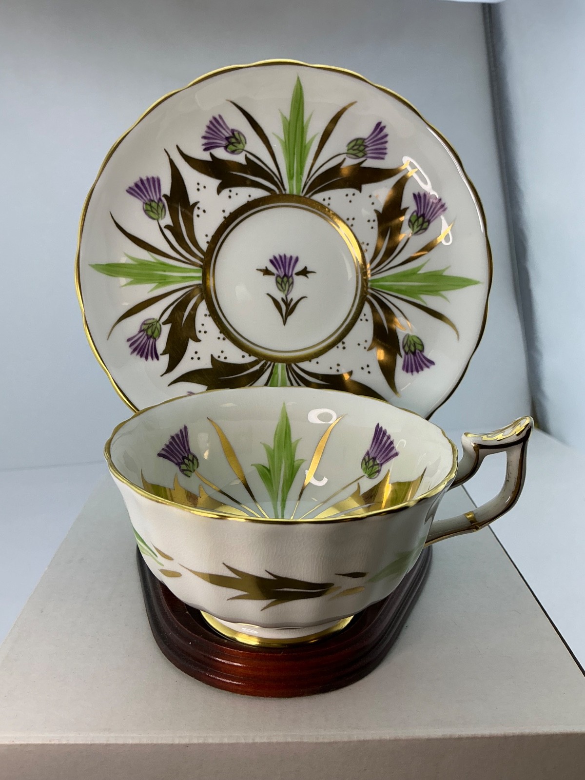 Vintage Rare Royal Chelsea 333A Scottish Thistle Teacup Saucer Gold Gilt England