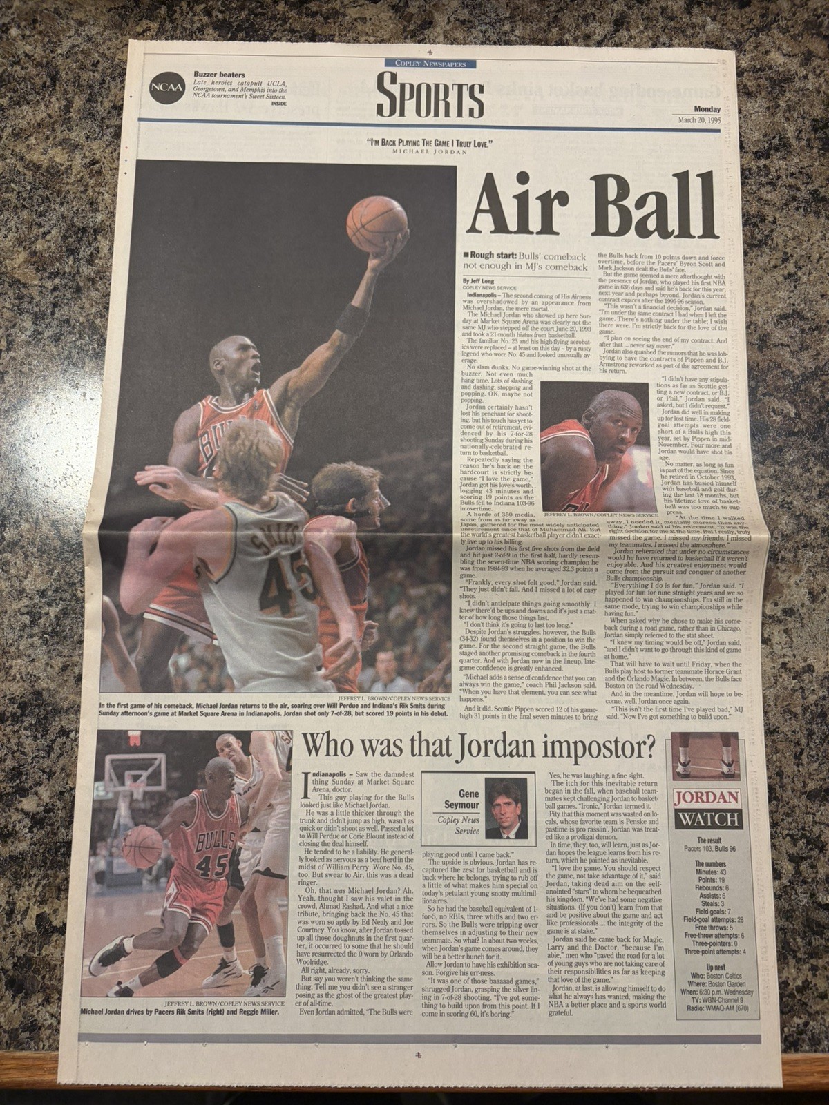 1995 Michael Jordan Returns Newspaper.  
