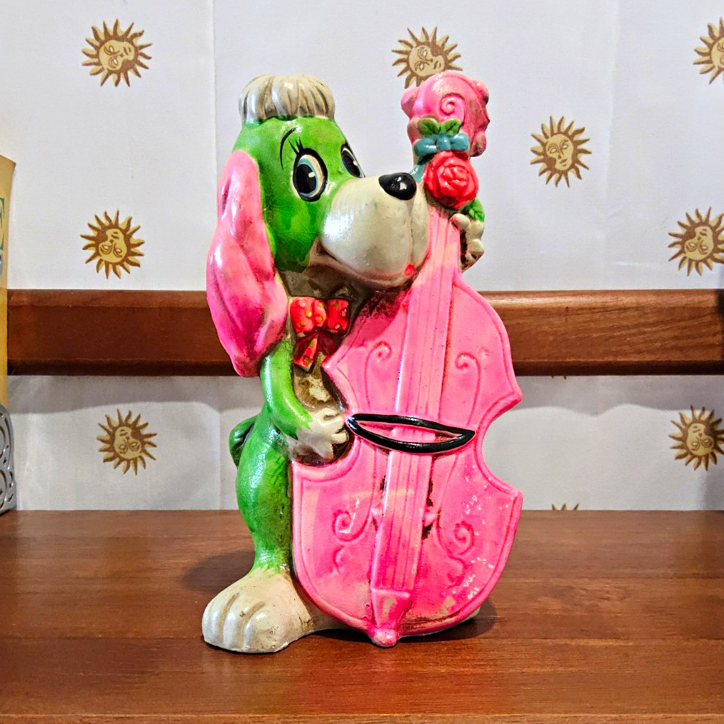 Vintage Chalkware Green Dog Pink Cello Coin Bank 1967 
