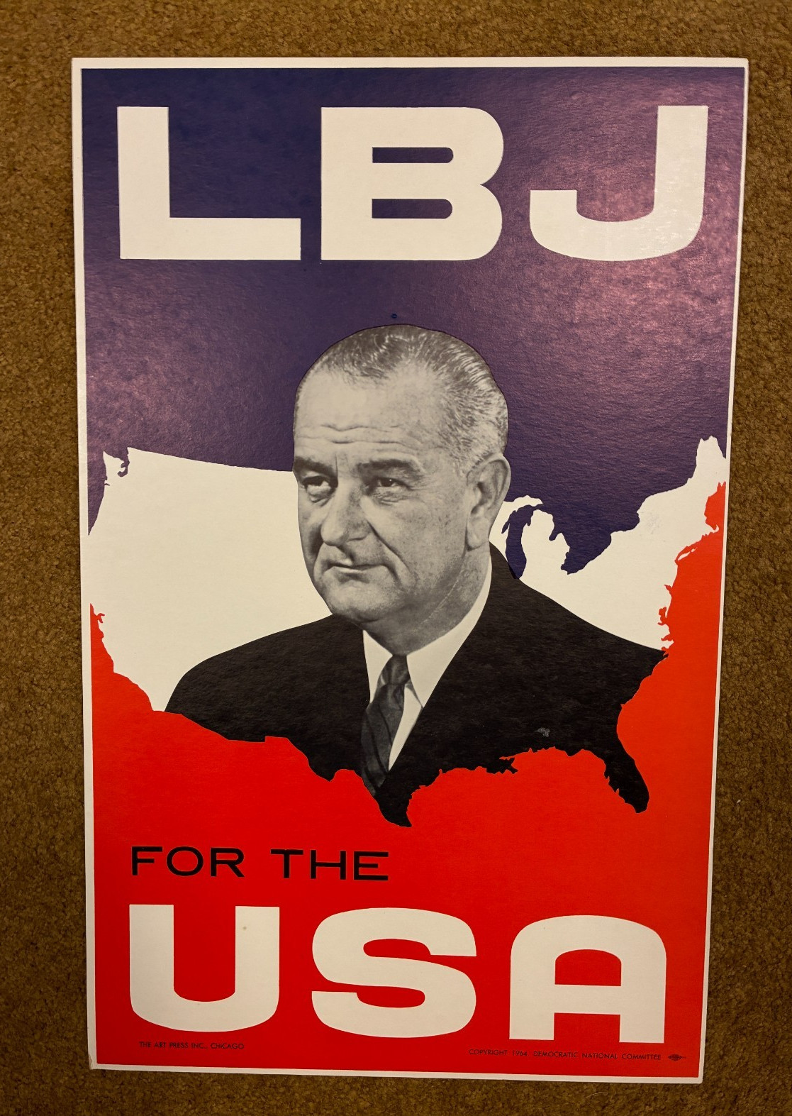 1964 LBJ For The USA Campaign Poster Window Placard DNC Art Press Cardboard EX