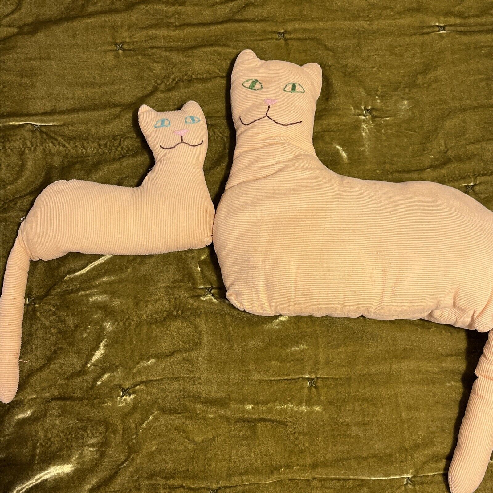VTG 70's Handmade Mom Baby Kitty Cat Folk Art Stuffed Corduroy Fabric Animals