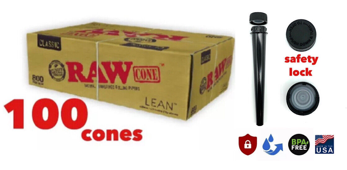 RAW cone Classic Lean Size Pre-Rolled Cones (100 Pack)+safety lock tube