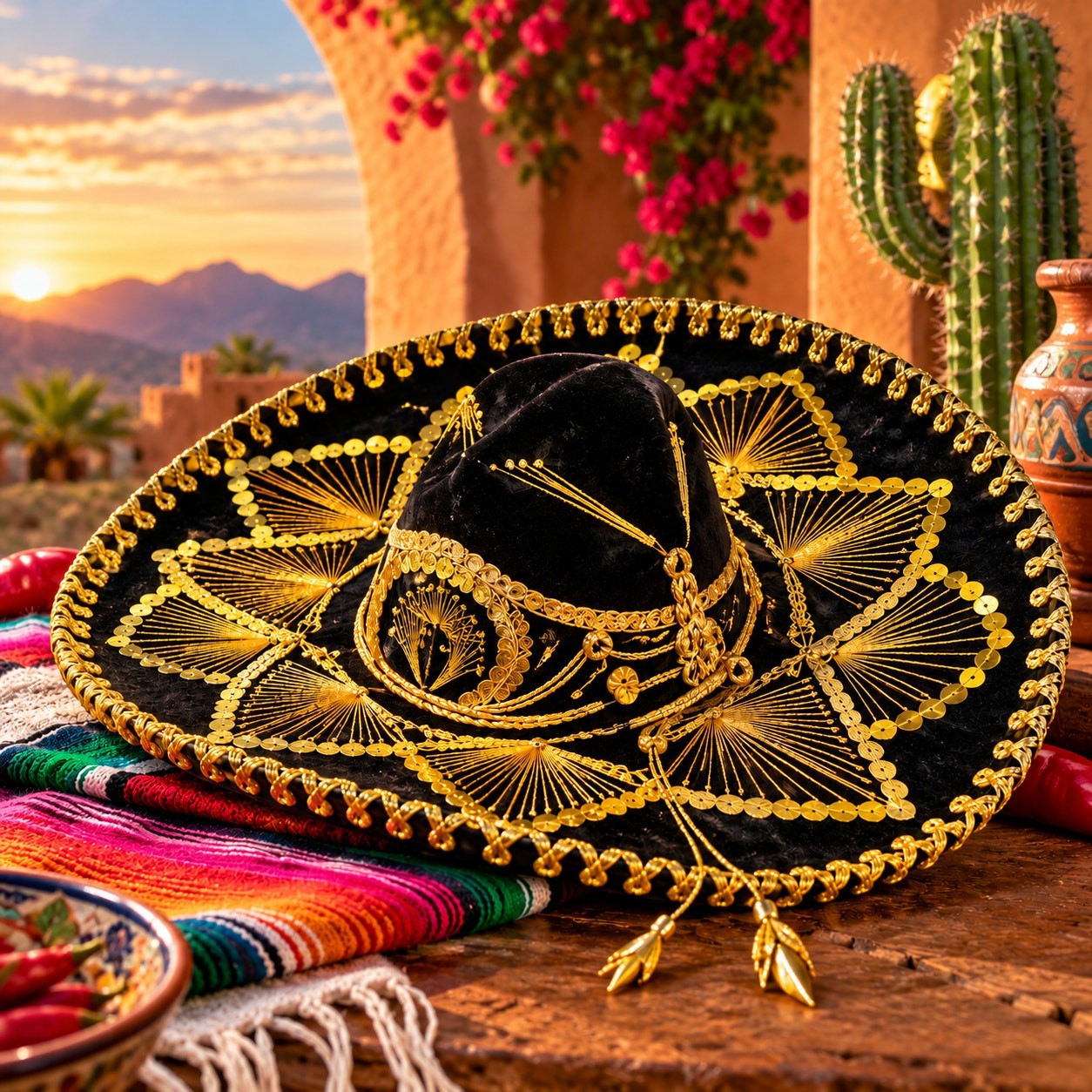 Vintage Pigalle Black Velvet Gold Sombrero Mariachi Charro Hat Mexico 18\