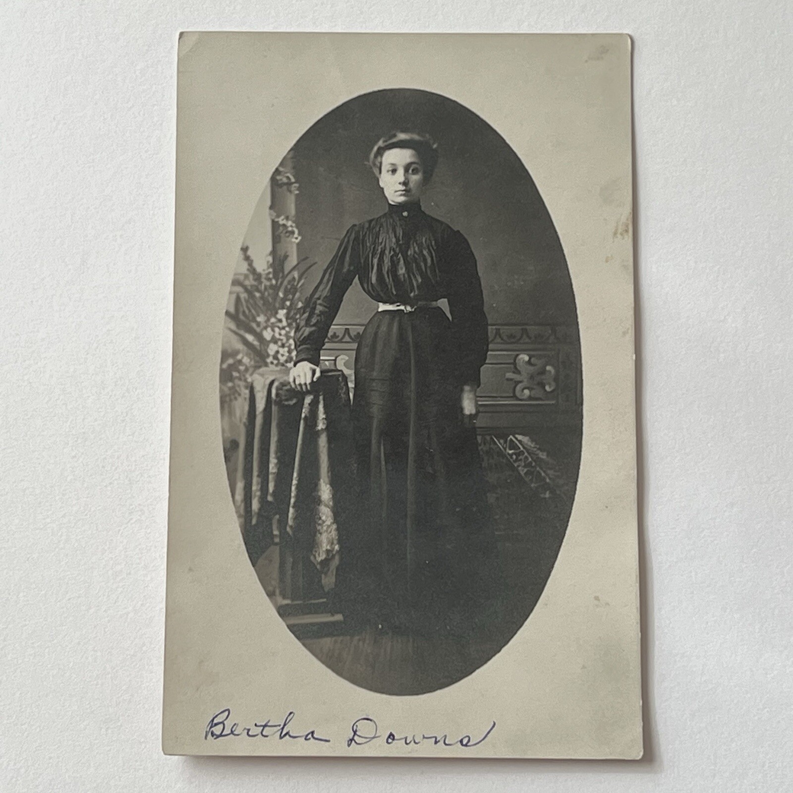 Antique RPPC Real Postcard Photograph Beautiful Young Woman Tiny Waist ID Downs