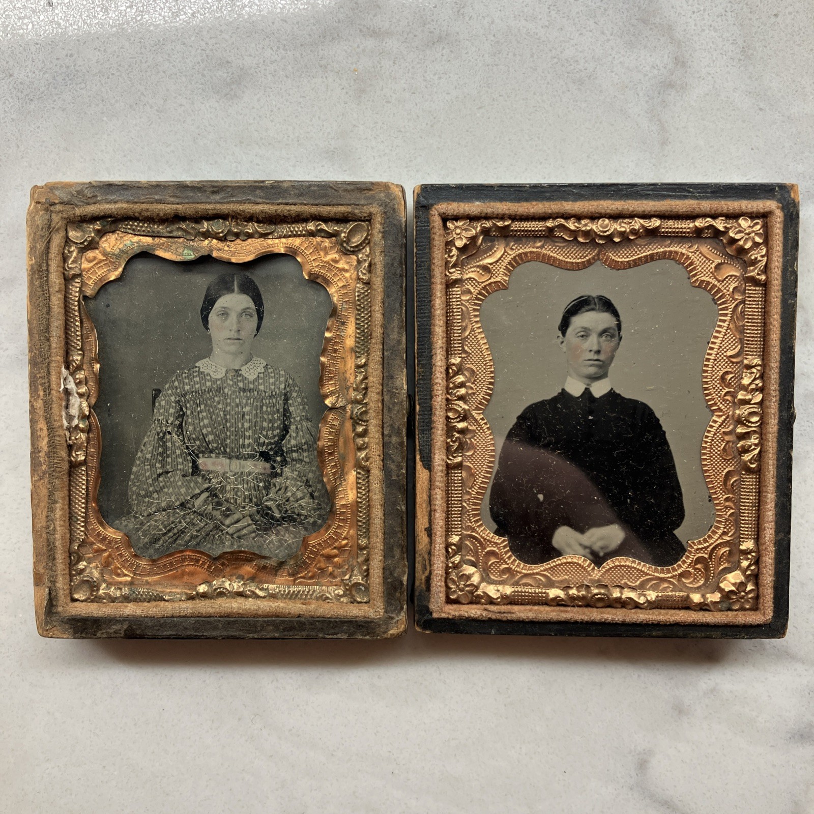Pair Antique 1800s Tintype Photos Victorian Portraits Ornate Cases Damaged