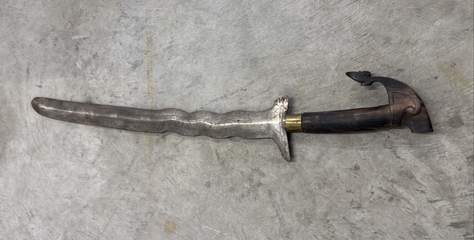 Vintage Philippine Moro Style Kris Sword 23” Carved Wood Handle No Scabbard