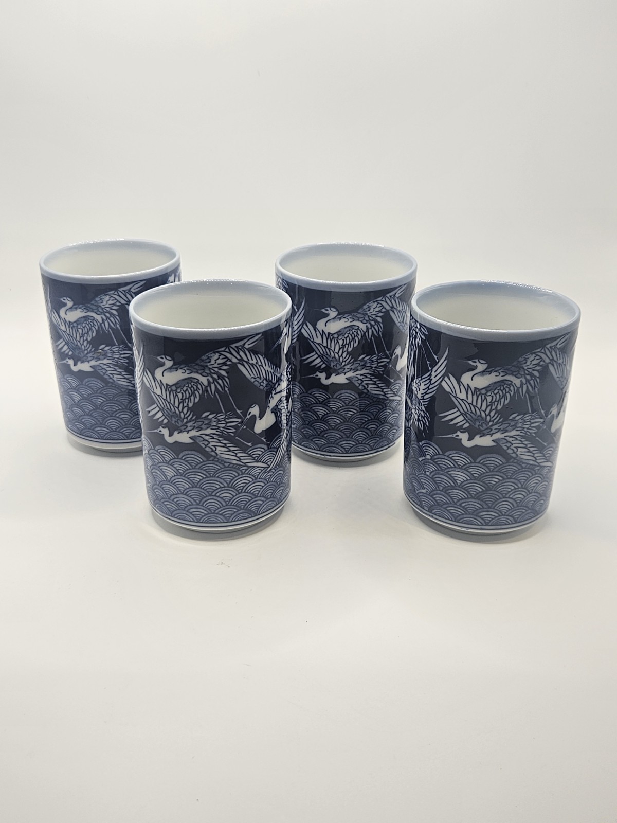 Set of 4 Vintage Takahashi San Francisco Japanese Tea Cups Blue White Cranes...